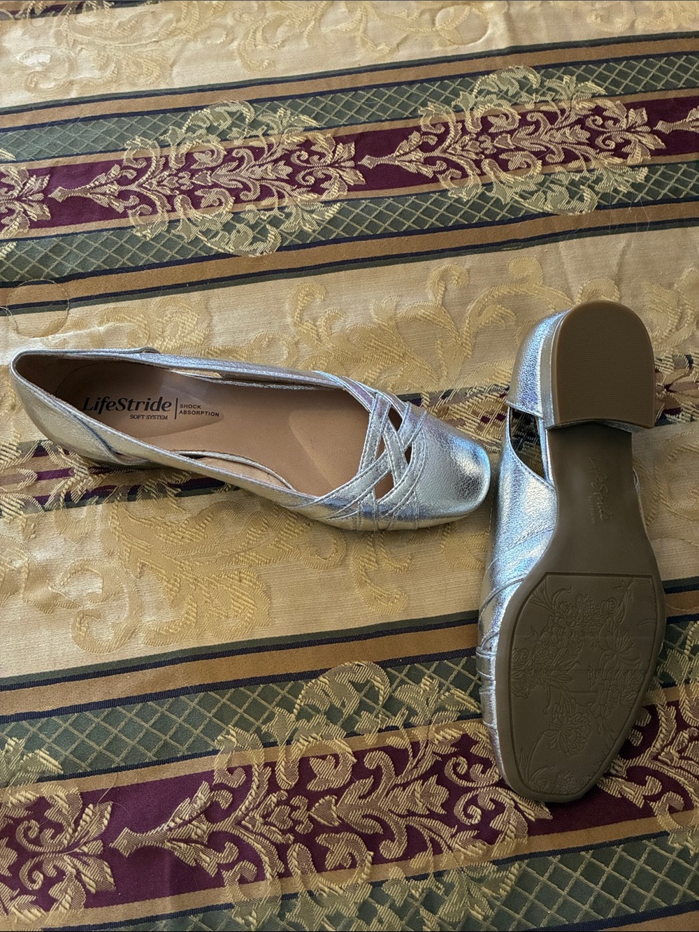 Life Stride Silver Metallic Ballet Flats with Crossover Straps